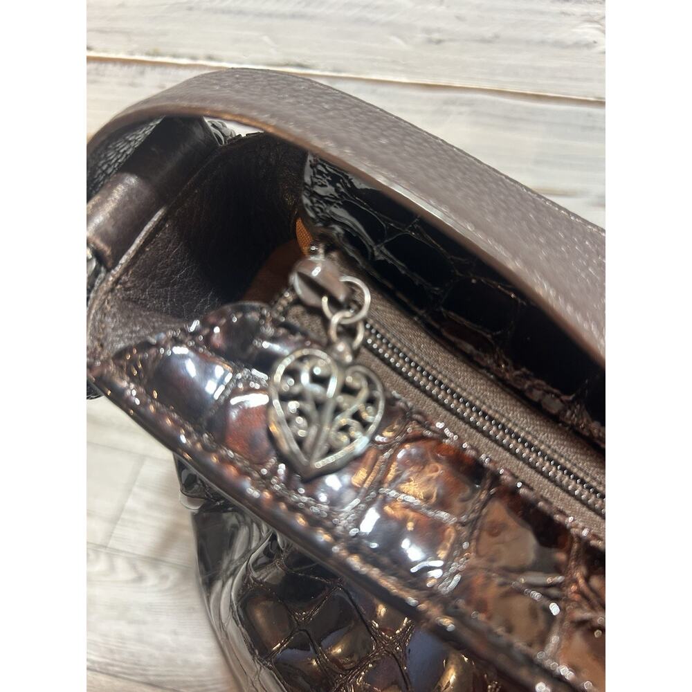 BRIGHTON Cher Handbag Bronze Brown Croc Patent Leather Shoulder Bag Orange Lined - Picture 8 of 10